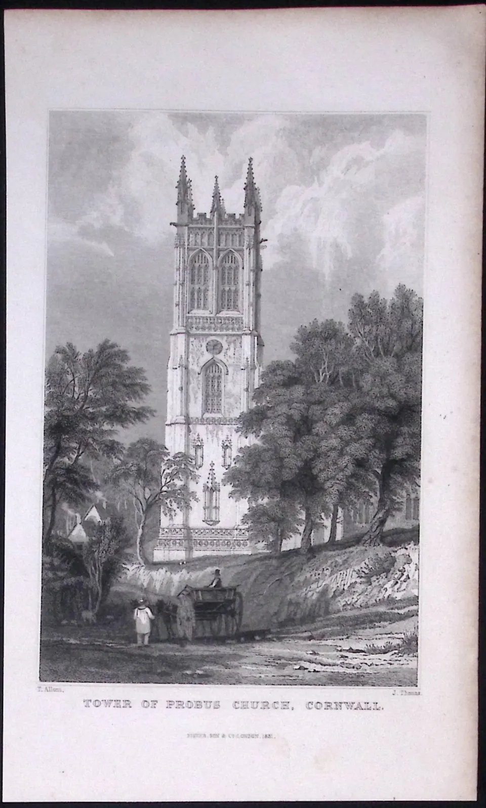 Cornwall Truro Tower of Probus Church Antique 193 Years-Old Steel-Engraving-26