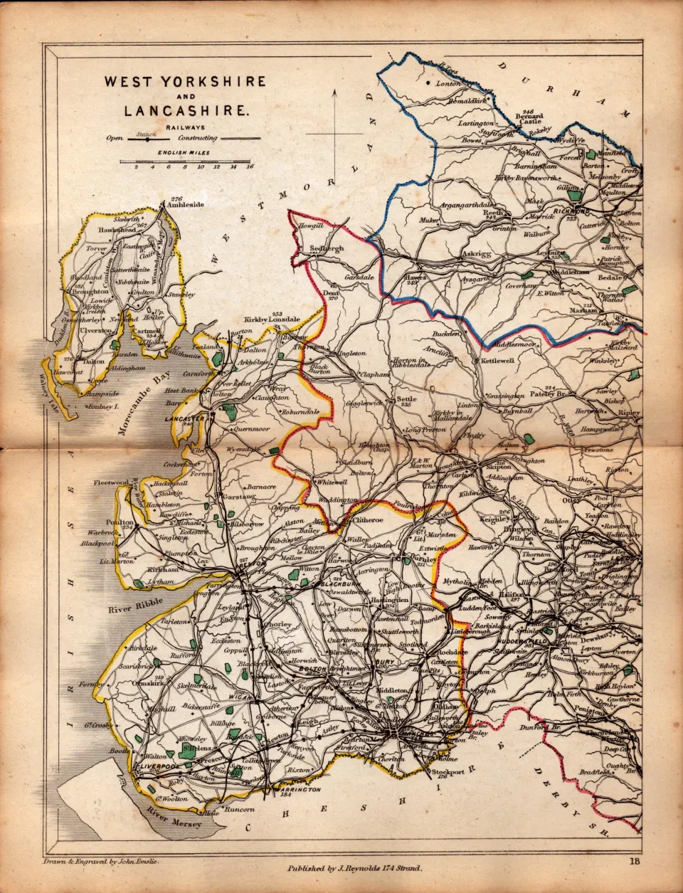 Antique Railway Map of West Yorks & Lancs Drawn & Engraved by John Emslie.