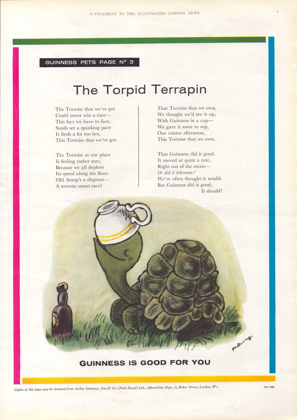 Original 62-Year-Old 1962 Guinness Print The Torpid Terrapin– GE 3383  #-27.