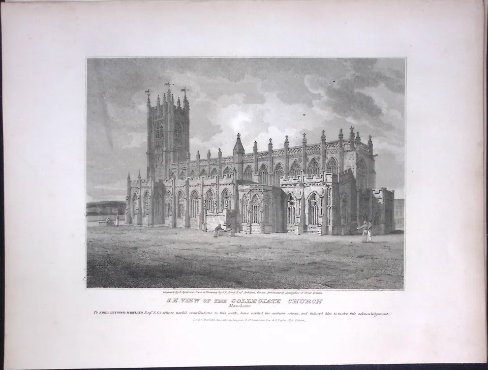 Collegiate Church Manchester 190 Years-Old Rare John Britton Antique Steel Engraving-142