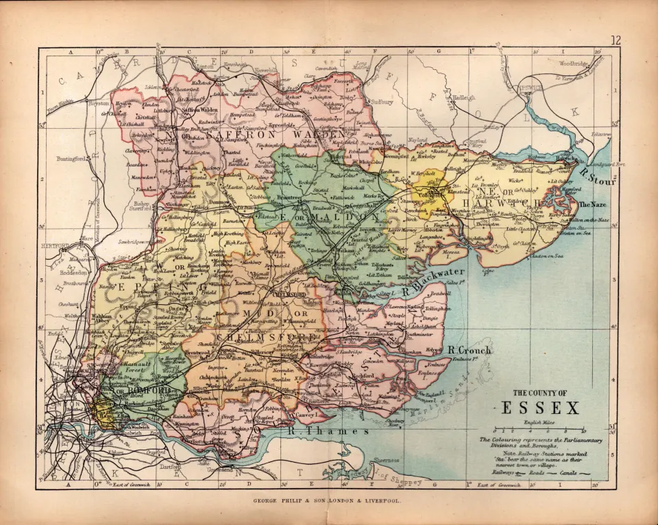 County of Essex 1895 Antique  Queen Victoria Coloured Map.