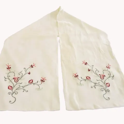 Vintage Laura Ashley Embroidered Cream Silk Scarf 152cm Long