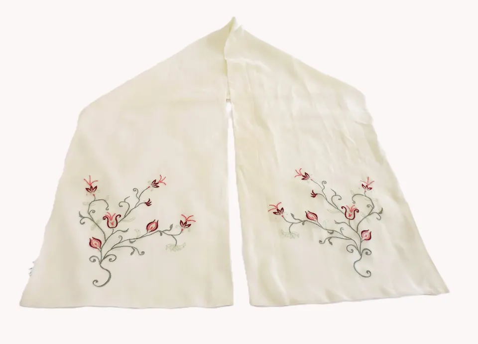 Vintage Laura Ashley Embroidered Cream Silk Scarf 152cm Long