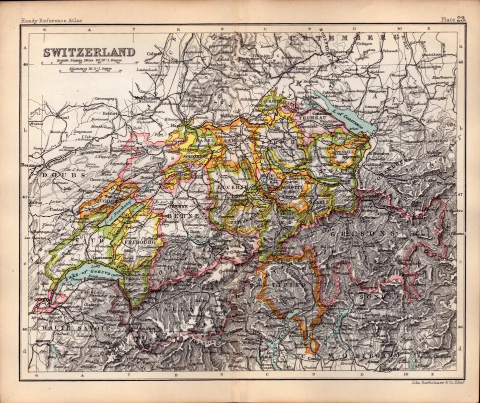Switzerland &The Alps Etc Double Sided Antique 1896 Map.