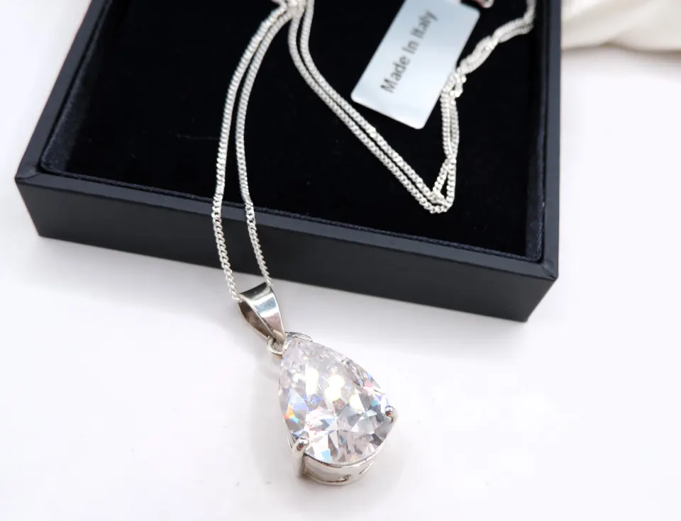 Sterling Silver 17CT White Zircon Solitaire Pendant Necklace New With Gift Box