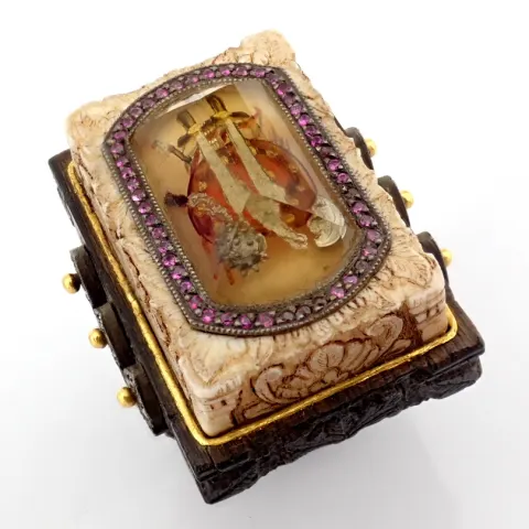 Bone and Ebony-Carved Ring W/ Topaz, Reverse-Engraved Intaglio Sword W/ Diamonds and Gold In Silver