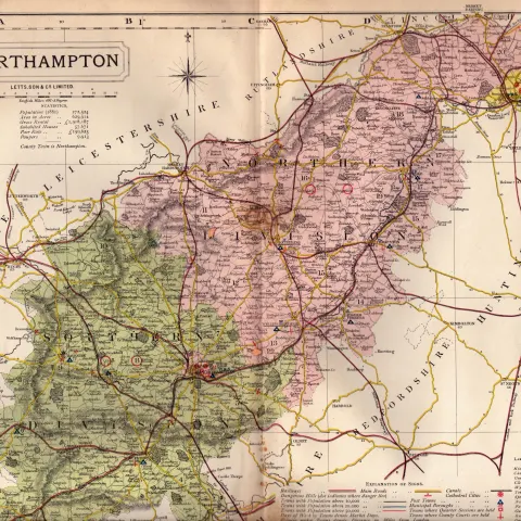 The County of Northampton Large Victorian Letts 1884 Antique Coloured Map.