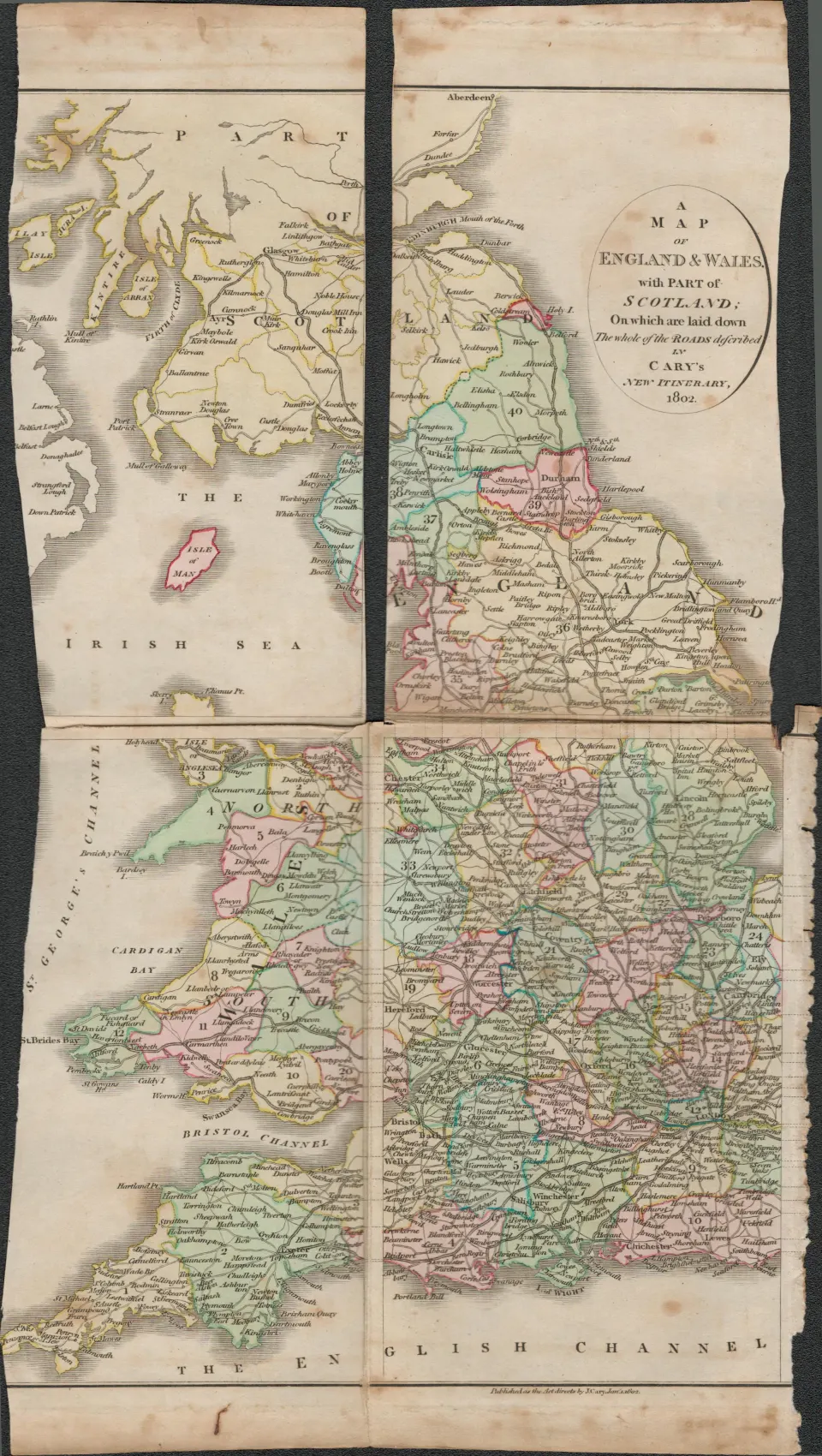 John Cary’s 1791  Large Rare Copper Plate Engraved Folding Map of England.