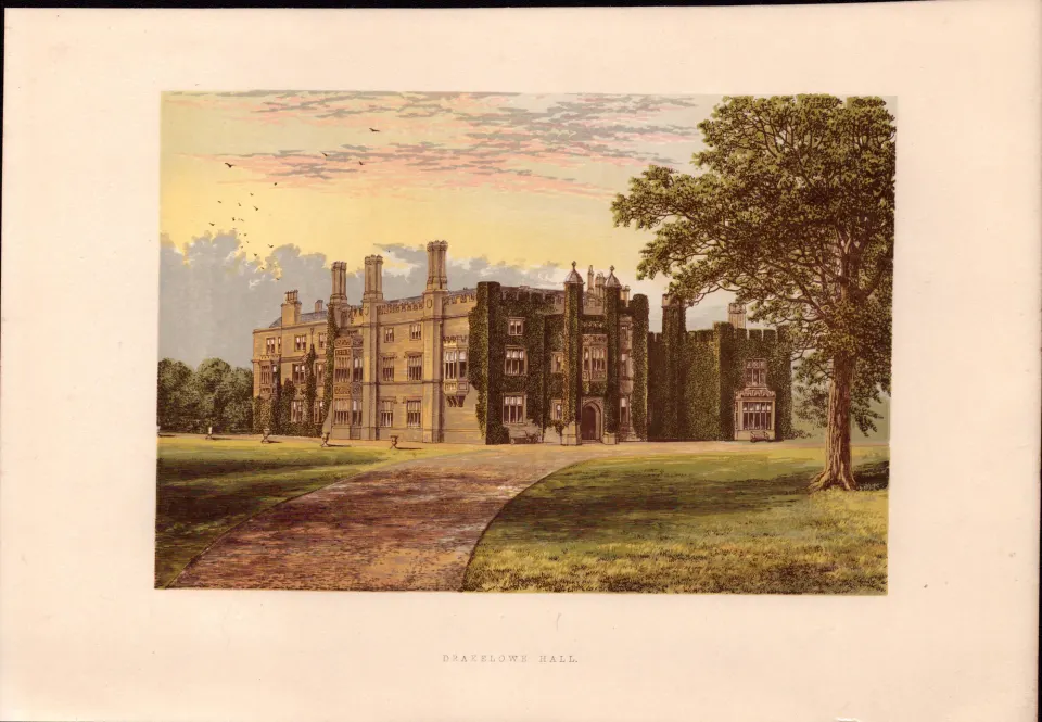 Drakelowe Hall Derbyshire Gilt-Edge Coloured Antique Book Plate.