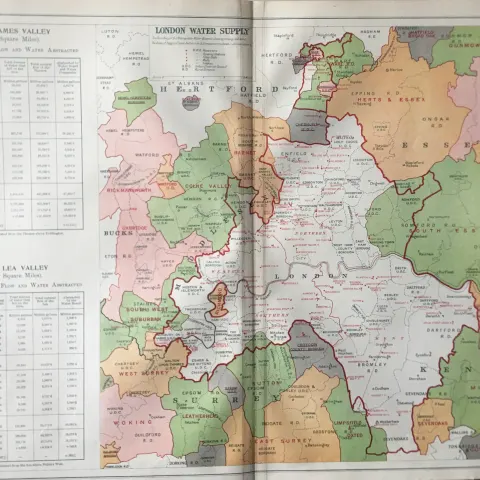 Bacons Rare Vintage London Suburbs London Districts Water Supply Map.