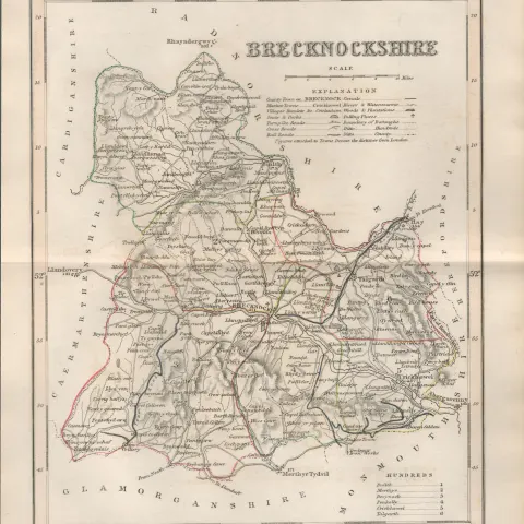 Brecknockshire Historic County of Wales 1850 Antique Map.