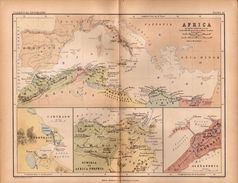 Antique 1867 Coloured Classical  Map Africa Alexandria, Numidia, Carthago.