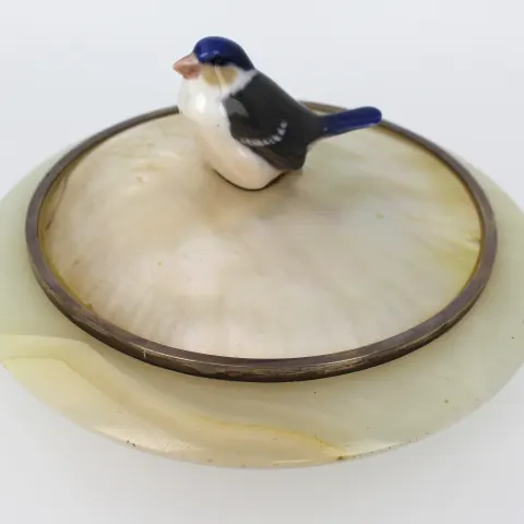 1922 Silver Mounted Alabaster Bowl with Mother of Pearl Lid & Bird Finial