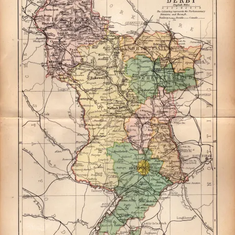County of Derbyshire 1895 Antique Queen Victorian Coloured Map.