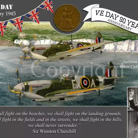 VE Day 80th Anniversary Spitfire Cliffs Of Dover Designed Metal Art Coin Display