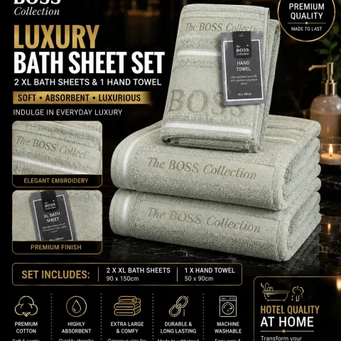 The BOSS Collection Sage Green Luxury Towel Set – 2 XL Bath Sheets & 1 Hand Towel | Premium Cotton