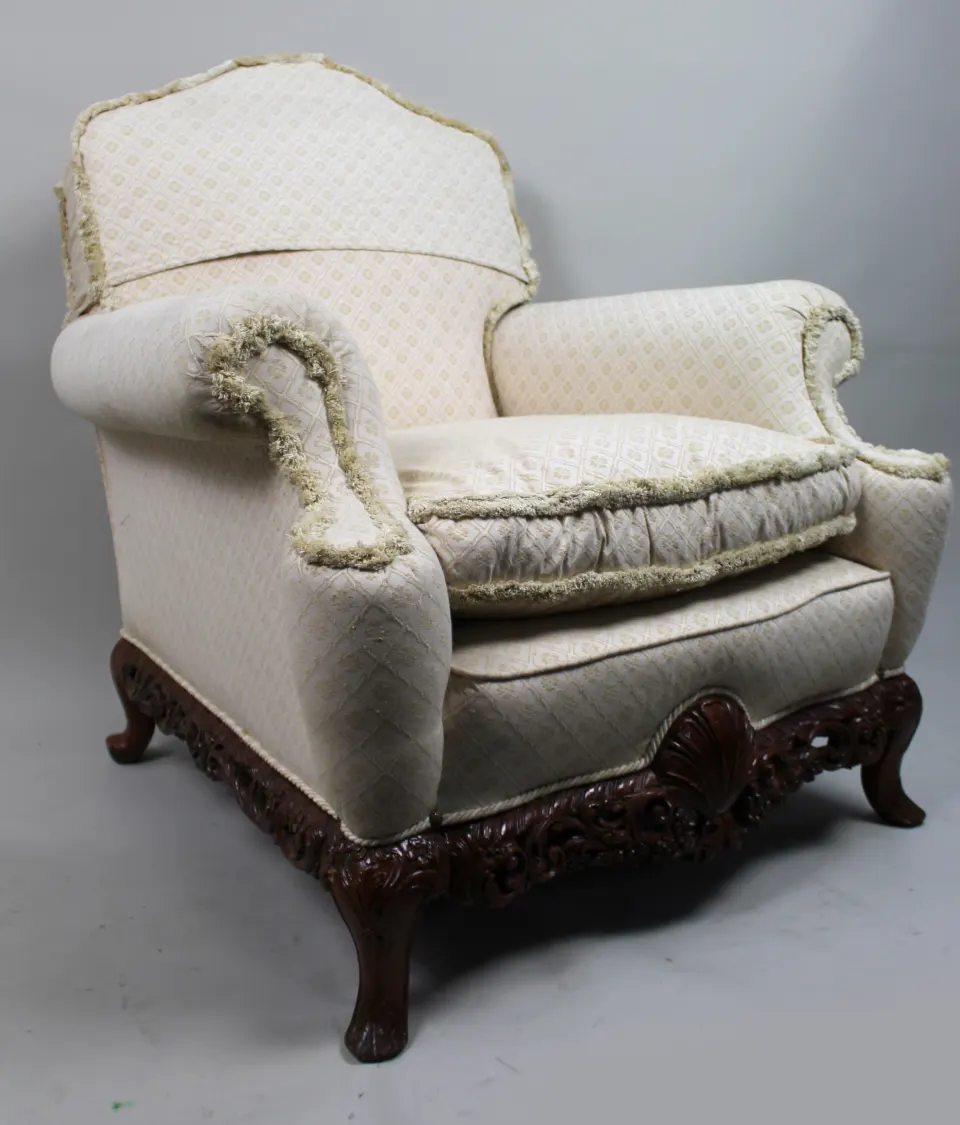 Vintage Upholstered Armchair with Carved Mahogany Legs – For Reupholstery