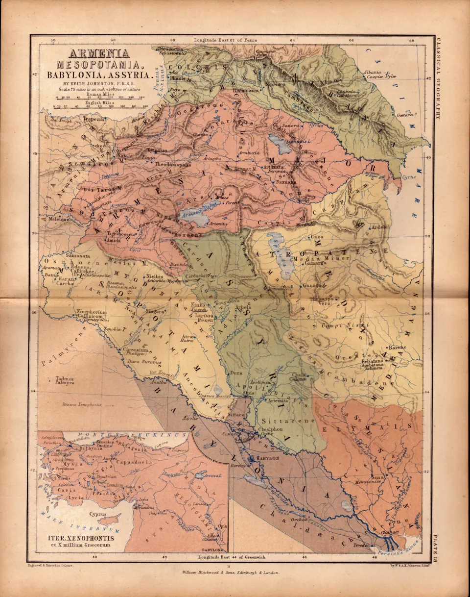 Antique 1867  Coloured Classical Map Armenia, Mesopotamia, Babylonia.