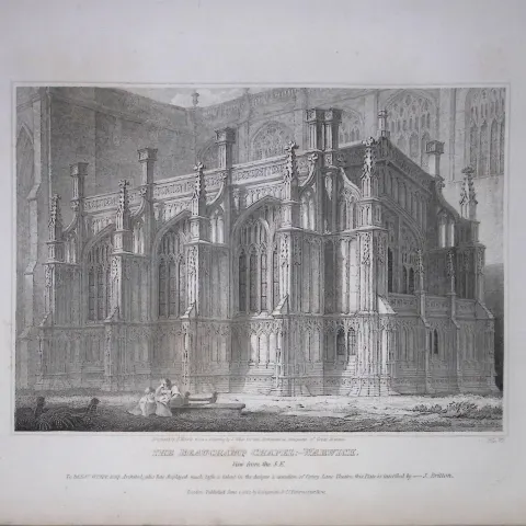 Beauchamp Chapel Warwick 190 Years-Old Rare John Britton Antique Steel Engraving-67