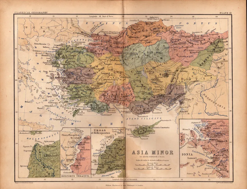 Antique 1867 Coloured Classical  Map Asia Minor, Bosporus, Traos, Ionia.