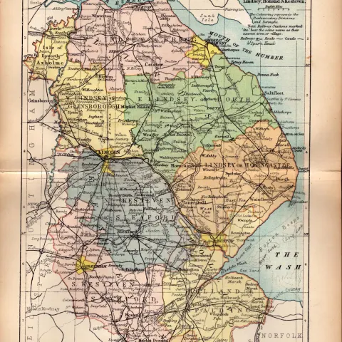 County of Lincolnshire 1895 Antique Victorian Coloured Map.