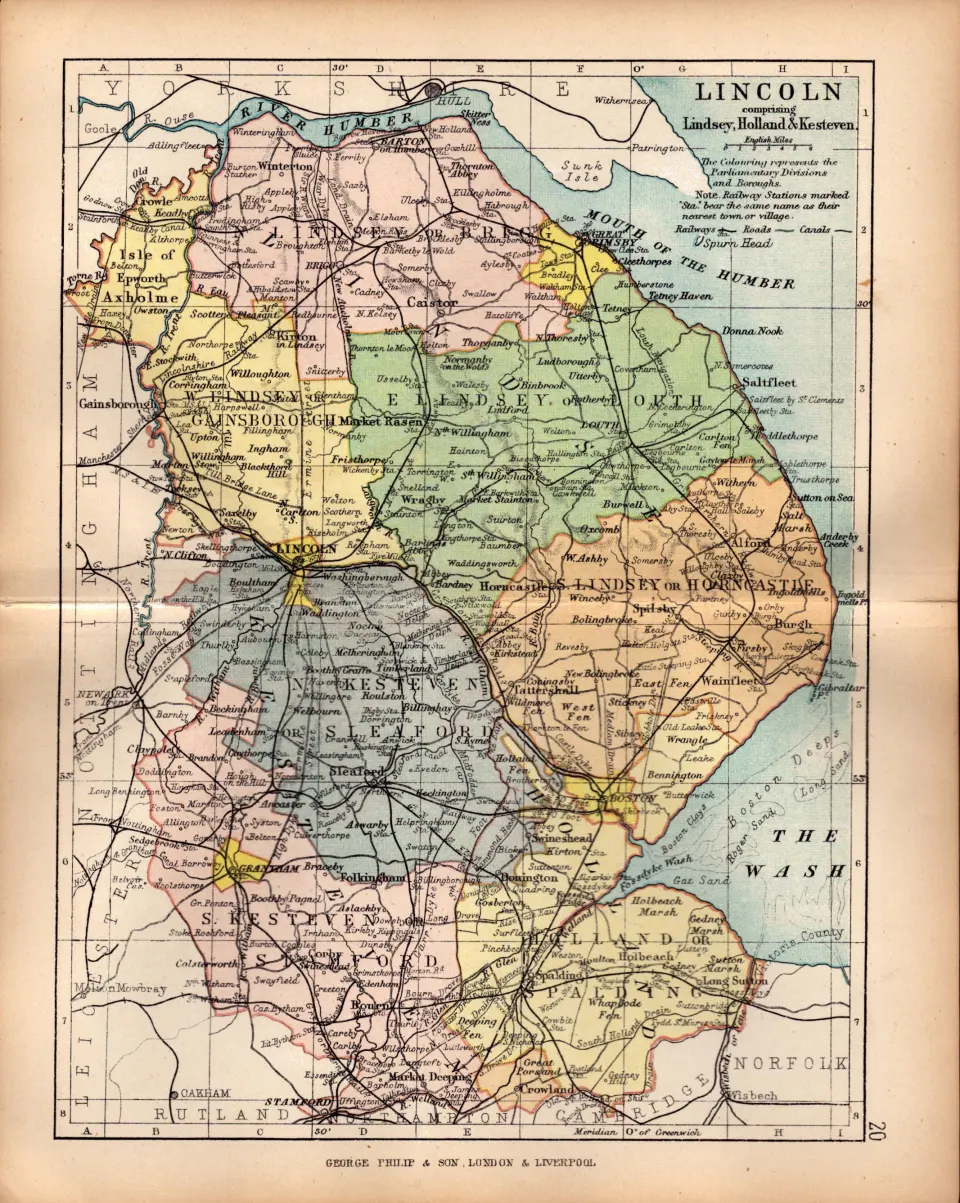 County of Lincolnshire 1895 Antique Victorian Coloured Map.