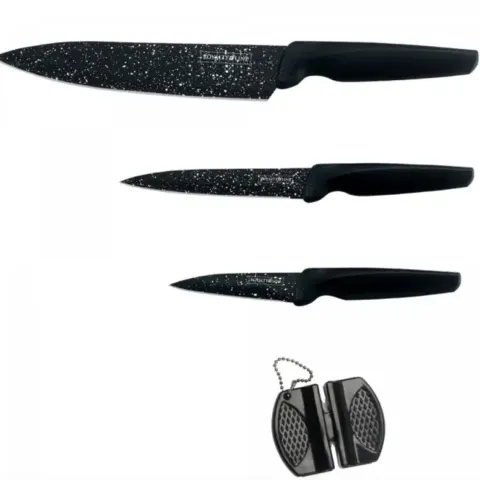 Royalty Line RL-MB3B: 3 Pieces Marble Coated Kitchen Knife Set with Pocket Knife Sharpener
