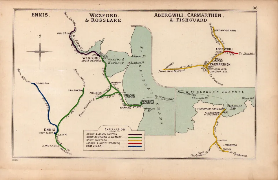 Ennis Wexford & Rosslare Ireland Antique Railway Junctions Diagram-96.