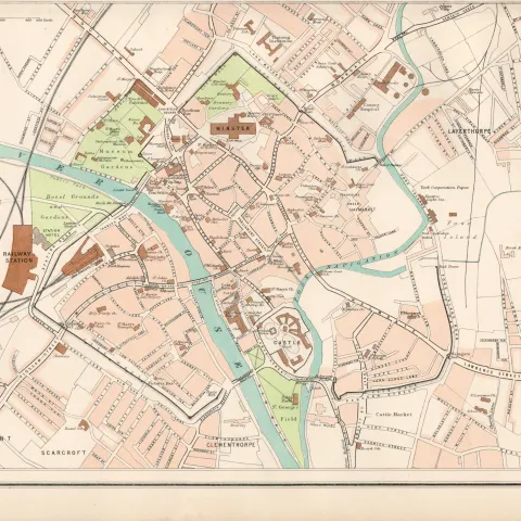 Victorian Map York City, Minster, City Walls, Castle, Street Plan Etc.