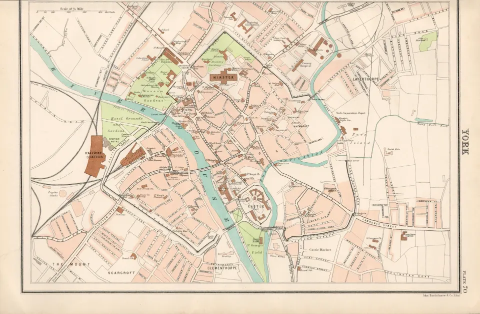 Victorian Map York City, Minster, City Walls, Castle, Street Plan Etc.