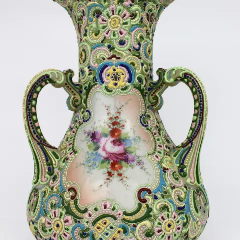 Highly Decorative Continental Jewelled Porcelain Three Handled Vase c.1900