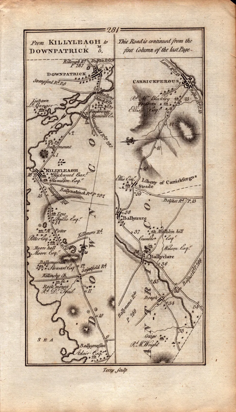 Ireland Rare Antique 1777 Map  Downpatrick Carrickfergus Antrim Ballyclare Down.