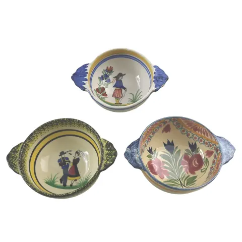 3x Vintage Henriot Quimper Faience Pottery Various Hand Painted Bowls C.20thC