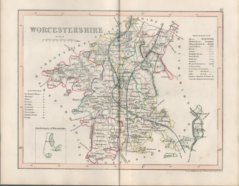 Worcestershire 1850 Antique Steel Engraved Map Thomas Dugdale.