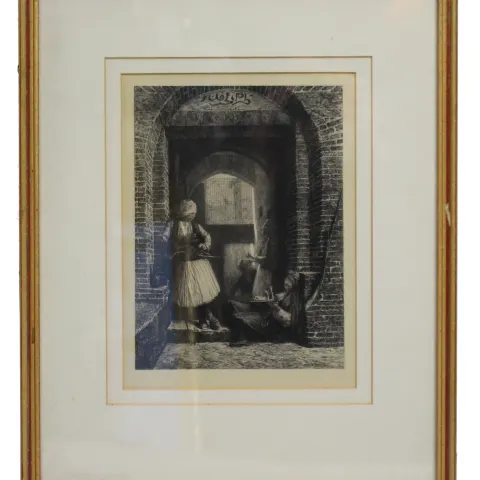 Victorian Arabic Etching Set in Gilt Frame