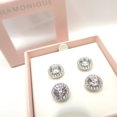 2 Pairs of Sterling Silver Diamonique Stud Earrings New In Gift Box