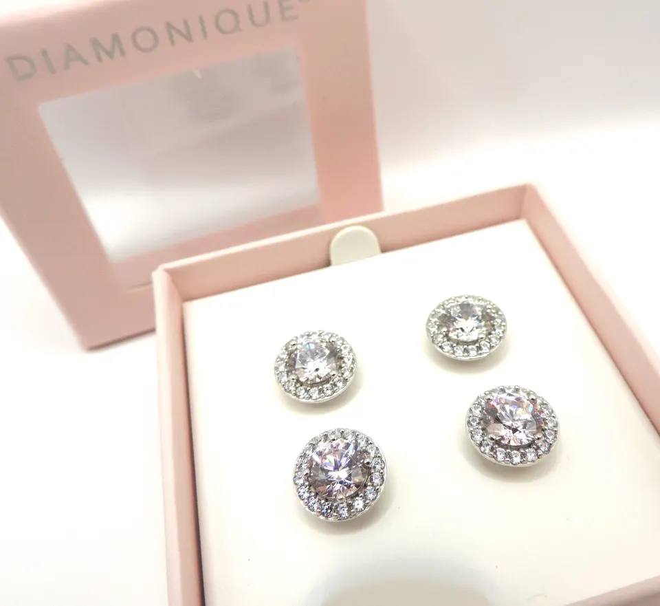 2 Pairs of Sterling Silver Diamonique Stud Earrings New In Gift Box