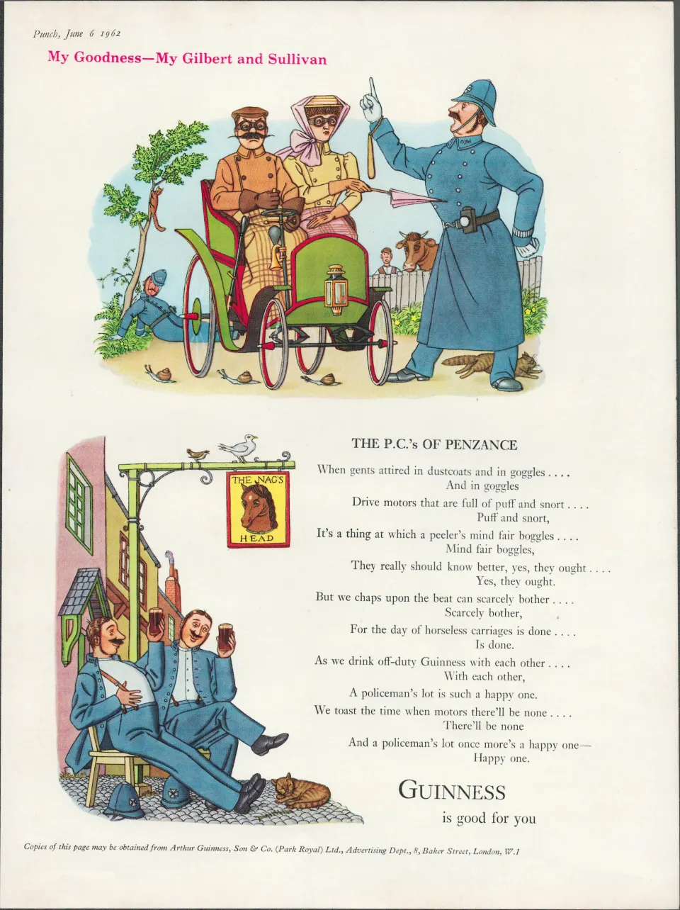 Guinness 1962 Original Print The P.C  Of Penzance & The Nags Head