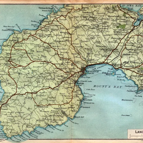 Lands End Cornwall Coloured Vintage 1924 Map.