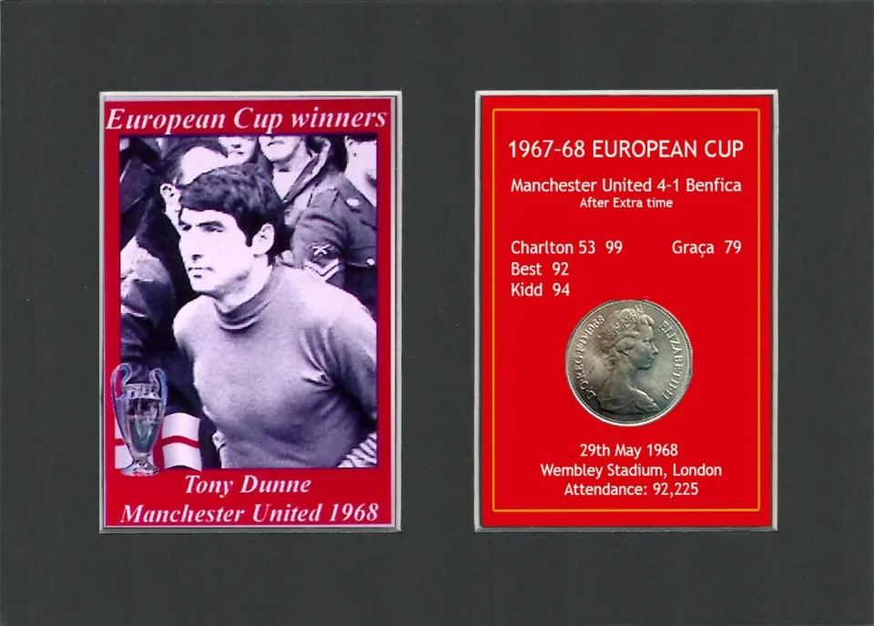 Tony Dunne Manchester United 1968 European Cup Mounted Coin Metal Art