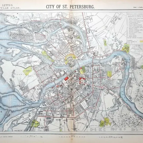 City of St Petersburg Victorian Letts 1882 Antique Coloured Map.