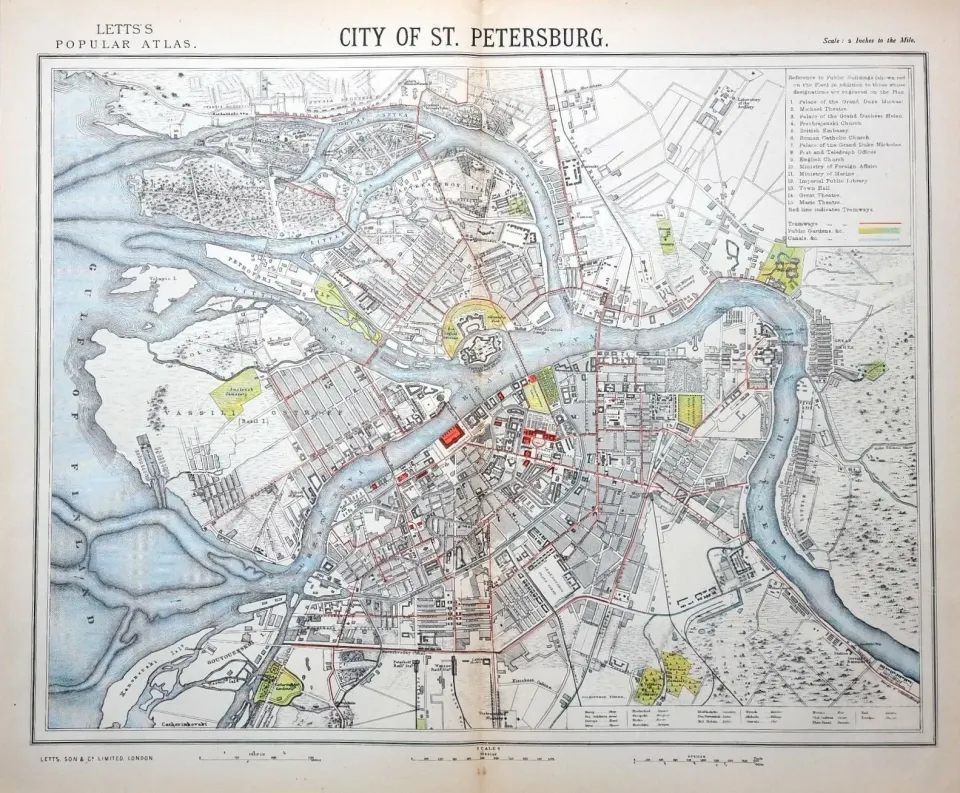 City of St Petersburg Victorian Letts 1882 Antique Coloured Map.