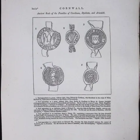 Cornwall Ancient Seals Of Families Rare Large Antique Copper Plate Etching 4.