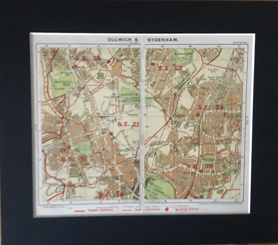 London Dulwich & Sydenham Mounted  George V Antique Map.