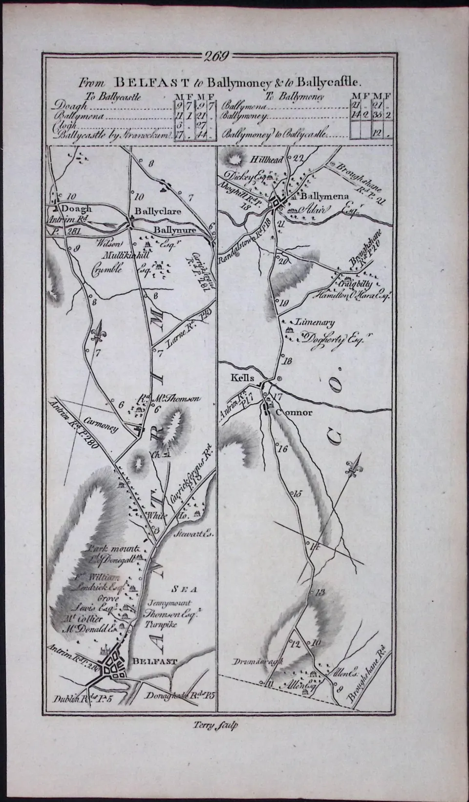 Ireland 245 Years -Old Antique 1777 Road Map Belfast To Ballymoney-270