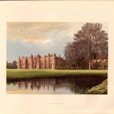 Hengrave Hall Suffolk Gilt-Edge Coloured Antique Book Plate.