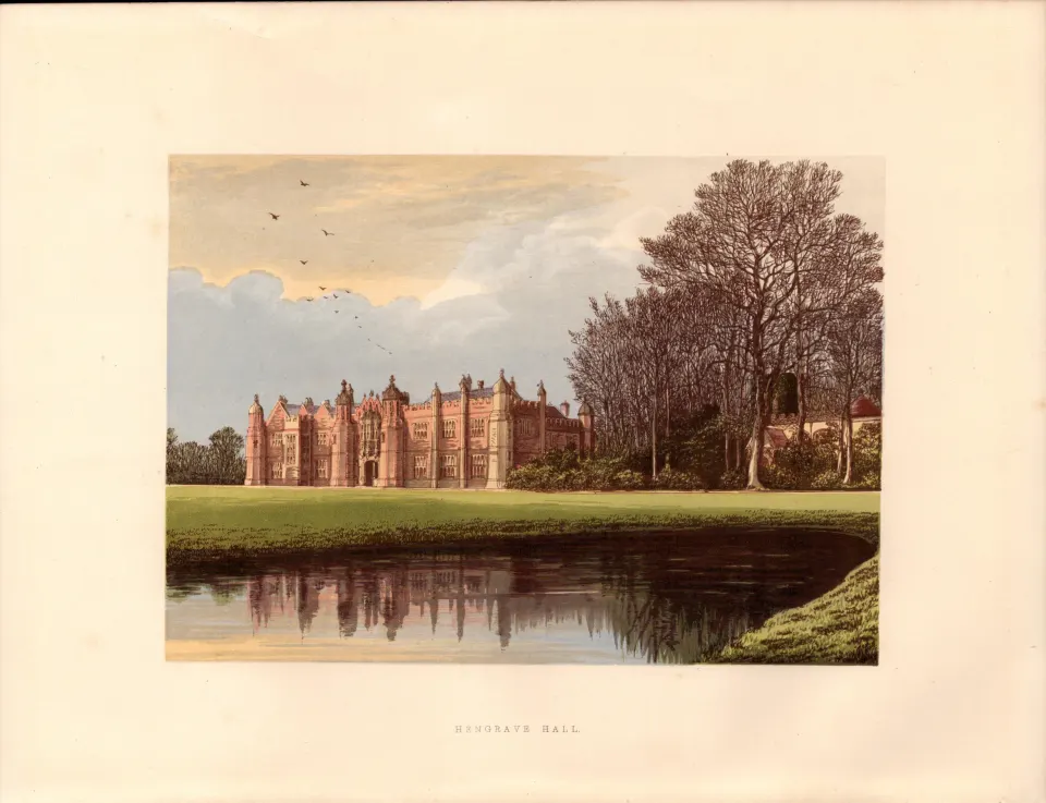Hengrave Hall Suffolk Gilt-Edge Coloured Antique Book Plate.