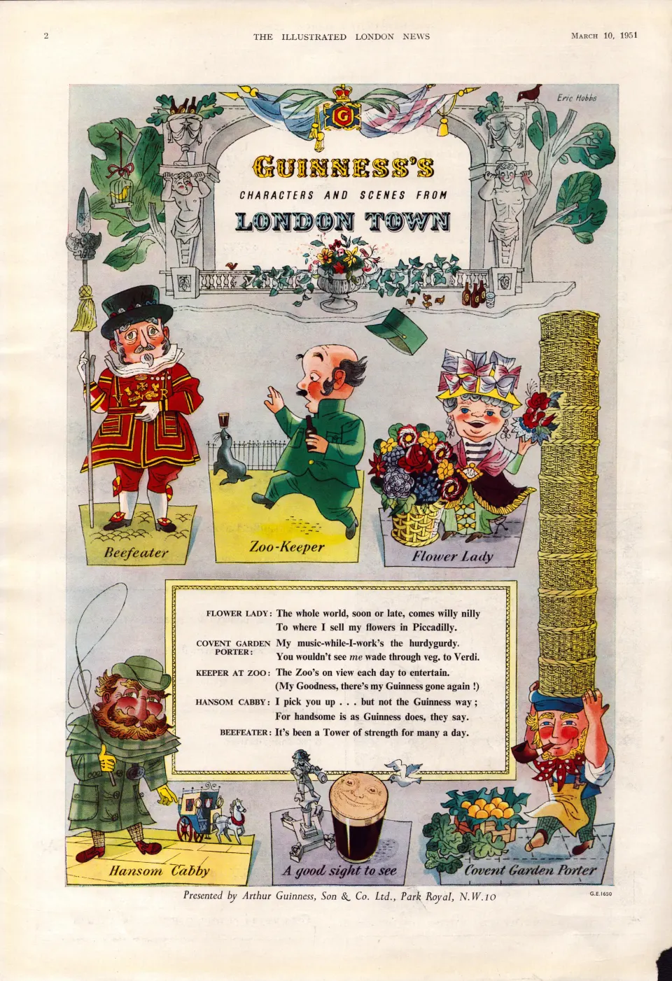 Original 73-Year-Old 1951 Guinness Print London Town– GE 1650  #-19.