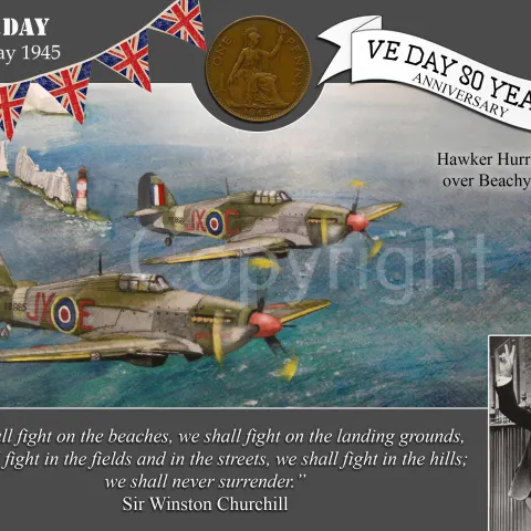 VE Day 80th Anniversary Designed Metal Art Coin Display Hurricanes Beachy Head