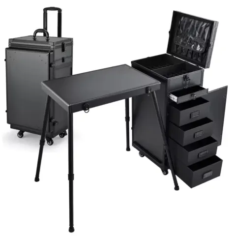Rolling Makeup Case Manicure Desk Foldable Mobile Beauty Workstation With 5 Drawers, Wheels